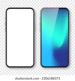 Smartphone with blank touch screen and abstract colorful background, wallpaper. Frameless mobile phone in front view. High quality detailed device mockup. Vector illustration