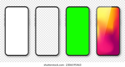 Smartphone with blank touch screen and abstract colorful wallpaper, green chroma key background. Frameless mobile phone in front view. High quality detailed device mockup. Vector illustration