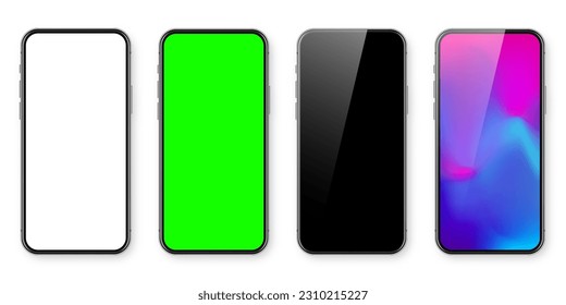 Smartphone with blank touch screen and abstract colorful wallpaper, green chroma key background. Frameless mobile phone in front view. High quality detailed device mockup. Vector illustration