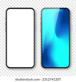 Smartphone with blank touch screen and abstract colorful background, wallpaper. Frameless mobile phone in front view. High quality detailed device mockup. Vector illustration