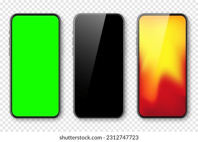 Smartphone with blank touch screen and abstract colorful wallpaper, green chroma key background. Frameless mobile phone in front view. High quality detailed device mockup. Vector illustration