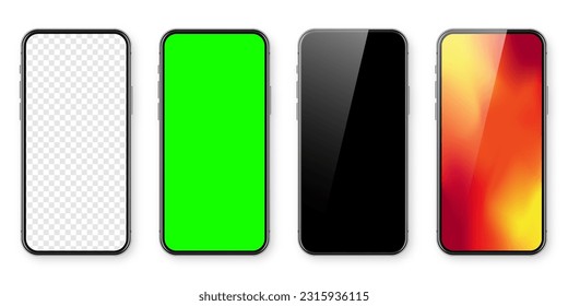 Smartphone with blank touch screen and abstract colorful wallpaper, green chroma key background. Frameless mobile phone in front view. High quality detailed device mockup. Vector illustration