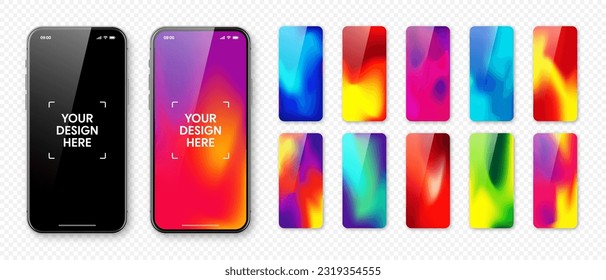 Smartphone with blank touch screen and abstract colorful background, wallpaper. Frameless mobile phone in front view. High quality detailed device mockup. Vector illustration