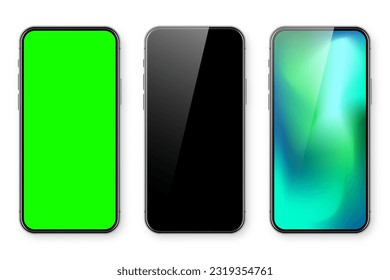Smartphone with blank touch screen and abstract colorful wallpaper, green chroma key background. Frameless mobile phone in front view. High quality detailed device mockup. Vector illustration