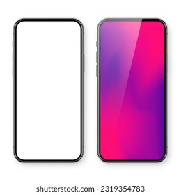 Smartphone with blank touch screen and abstract colorful background, wallpaper. Frameless mobile phone in front view. High quality detailed device mockup. Vector illustration