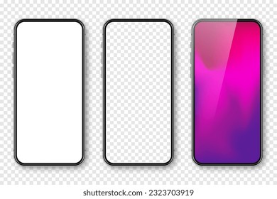 Smartphone with blank touch screen and abstract colorful background, wallpaper. Frameless mobile phone in front view. High quality detailed device mockup. Vector illustration