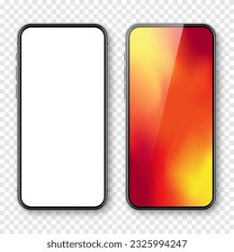 Smartphone with blank touch screen and abstract colorful background, wallpaper. Frameless mobile phone in front view. High quality detailed device mockup. Vector illustration