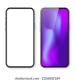 Smartphone con pantalla táctil en blanco y fondo colorido abstracto, fondo de pantalla. Teléfono móvil sin marco en la vista frontal. Mockup de dispositivos detallados de alta calidad. Ilustración del vector