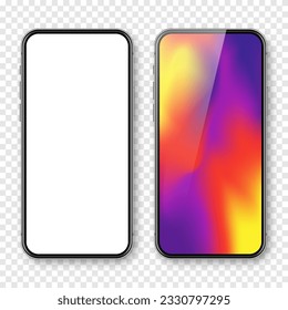 Smartphone con pantalla táctil en blanco y fondo colorido abstracto, fondo de pantalla. Teléfono móvil sin marco en la vista frontal. Mockup de dispositivos detallados de alta calidad. Ilustración del vector