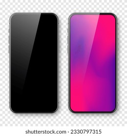 Smartphone with blank touch screen and abstract colorful background, wallpaper. Frameless mobile phone in front view. High quality detailed device mockup. Vector illustration