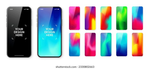 Smartphone with blank touch screen and abstract colorful background, wallpaper. Frameless mobile phone in front view. High quality detailed device mockup. Vector illustration