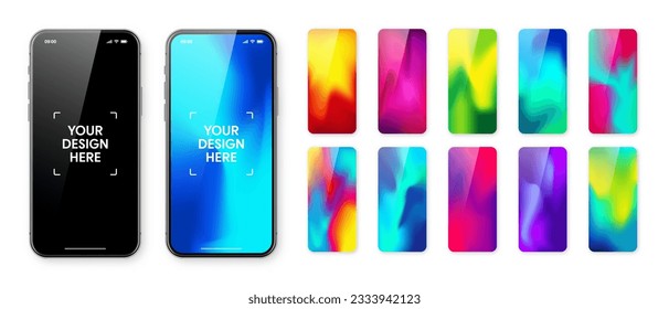 Smartphone with blank touch screen and abstract colorful background, wallpaper. Frameless mobile phone in front view. High quality detailed device mockup. Vector illustration