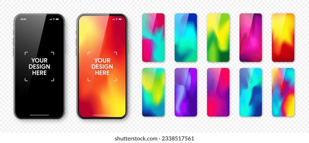 Smartphone with blank touch screen and abstract colorful background, wallpaper. Frameless mobile phone in front view. High quality detailed device mockup. Vector illustration