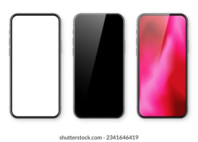Smartphone con pantalla táctil en blanco y fondo colorido abstracto, fondo de pantalla. Teléfono móvil sin marco en la vista frontal. Mockup de dispositivos detallados de alta calidad. Ilustración del vector