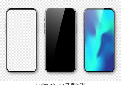 Smartphone with blank touch screen and abstract colorful background, wallpaper. Frameless mobile phone in front view. High quality detailed device mockup. Vector illustration