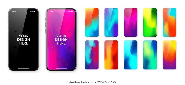 Smartphone mit leerem Touchscreen und abstraktem bunter Hintergrund, Tapete. Framelloses Handy im vorderen Blick. Detaillierte Geräteauswahl in hoher Qualität. Vektorgrafik
