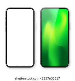 Smartphone with blank touch screen and abstract colorful background, wallpaper. Frameless mobile phone in front view. High quality detailed device mockup. Vector illustration