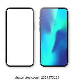 Smartphone with blank touch screen and abstract colorful background, wallpaper. Frameless mobile phone in front view. High quality detailed device mockup. Vector illustration