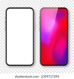 Smartphone with blank touch screen and abstract colorful background, wallpaper. Frameless mobile phone in front view. High quality detailed device mockup. Vector illustration