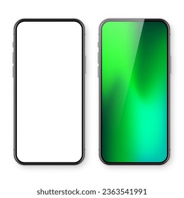 Smartphone with blank touch screen and abstract colorful background, wallpaper. Frameless mobile phone in front view. High quality detailed device mockup. Vector illustration