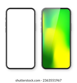 Smartphone with blank touch screen and abstract colorful background, wallpaper. Frameless mobile phone in front view. High quality detailed device mockup. Vector illustration