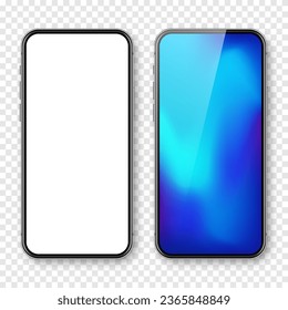 Smartphone with blank touch screen and abstract colorful background, wallpaper. Frameless mobile phone in front view. High quality detailed device mockup. Vector illustration