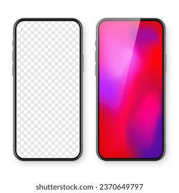 Smartphone with blank touch screen and abstract colorful background, wallpaper. Frameless mobile phone in front view. High quality detailed device mockup. Vector illustration