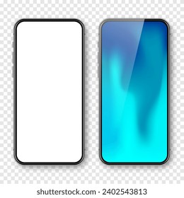 Smartphone with blank touch screen and abstract colorful background, wallpaper. Frameless mobile phone in front view. High quality detailed device mockup. Vector illustration