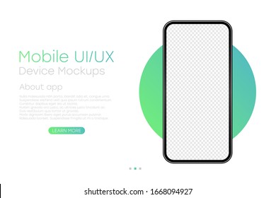 Smartphone with blank transparent screen. Frameless realistic cell phone template for infographics or presentation. UI/UX design with phone for website page. Vector Illustration.