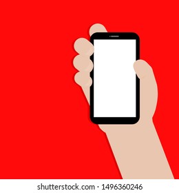 smartphone with blank white screen display in hand on red background with shadow. vector illustration