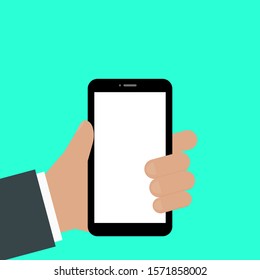smartphone with blank white screen display in hand on green background. vector illustration