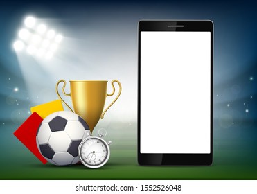 Smartphone with a blank white screen on the soccer field. Sports betting on football matches. Vector template.