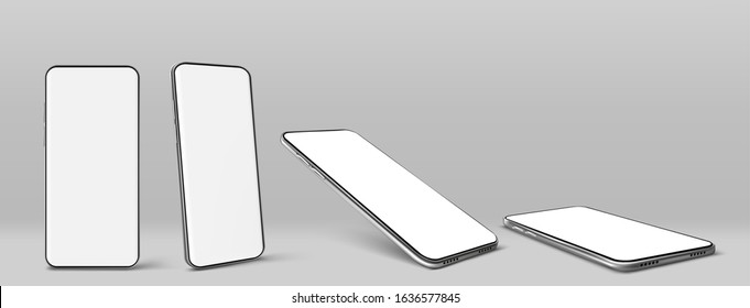 Smartphone with blank white screen. Vector realistic mockup of mobile phone with empty display front and angle view, template for UI UX design