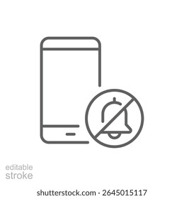 Smartphone with Blocked Notification Icon Vector, Silent Alert Symbol Outside Screen, Editable Stroke Outline Design for Digital Detox, Mute Mode, Focus Time, and App Distraction Control