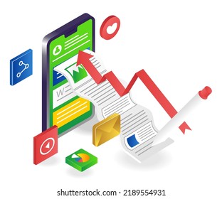 Smartphone blog article creative paper in isometric illustration