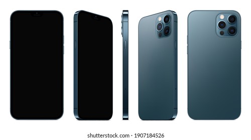 smartphone blue color with black touch screen saver isolated on white background. mockup of realistic and detailed mobile phone. stock vector 3d isometric illustration