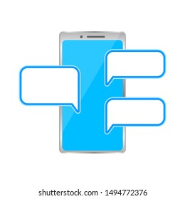 smartphone blue and dialog box for copy space, chat concept, smartphone with bubbles boxes empty for messaging dialog, chatting with chat bot robot on cellphone, flat design of messaging bubbles