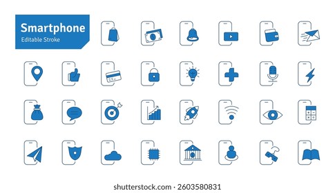 Smartphone Blue Line Editable Stroke Icons Set. Mobile Phone Functions, Technology, Apps, Security, Shopping, Mobile Wallet, Marketing, Promotion, Communication Collection Vector Illustration.