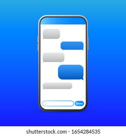 Smartphone with blue Message bubbles icons for chat. Vector message bubbles design template.