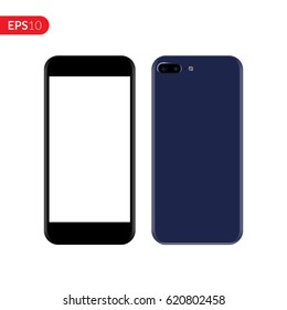 Smartphone blue, mobile, phone mockup isolated on white background with blank screen. Back and front view realistic vector illustration phone with blue color.	