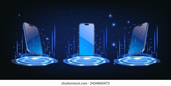 Smartphone with blue, neon hologram portal. Abstract digital device interface technology. Magic circle teleport podium with mobile phone. Vector