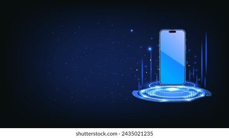 Smartphone with blue, neon hologram portal. Abstract digital device interface technology. Magic circle teleport podium with mobile phone. Vector