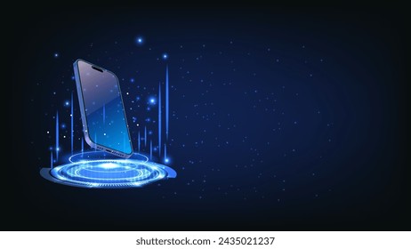 Smartphone with blue, neon hologram portal. Abstract digital device interface technology. Magic circle teleport podium with mobile phone. Vector