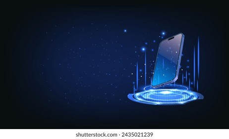 Smartphone with blue, neon hologram portal. Abstract digital device interface technology. Magic circle teleport podium with mobile phone. Vector