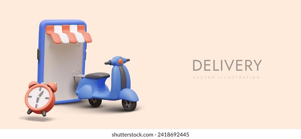 Smartphone, scooter azul y reloj rojo. Concepto de entrega de pedidos en línea