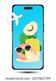 A smartphone with a blue screen displaying a summer vacation scene: suitcase, straw hat, beach bag, donut float with sunglasses, tropical leaf, and an airplane. Concept of mobile travel booking vector