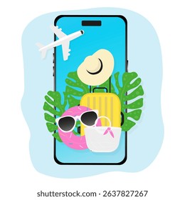 A smartphone with a blue screen displaying a summer vacation scene: suitcase, straw hat, beach bag, donut float with sunglasses, tropical leaf, and an airplane. Concept of mobile travel booking vector