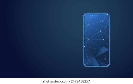 Blauer Bildschirm des Smartphones mit einem Display mit niedrigem Poly. Polygonales Design für ein Mobiltelefon-Dreieck. In: Connecting dots sky cosmos. Futuristische Banner Vorlage für App Concept. Hintergrund der Vektorillustration.