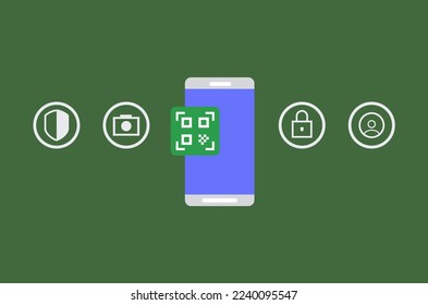 a smartphone with a blue screen next to a green square with a white QR code and round icons on the side