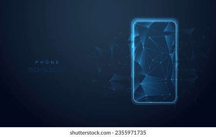 Smartphone blue touch screen display with low poly. Mobile triangle polygonal design. Connecting dots starry sky. Futuristic banner template concept. Vector phone illustration background.